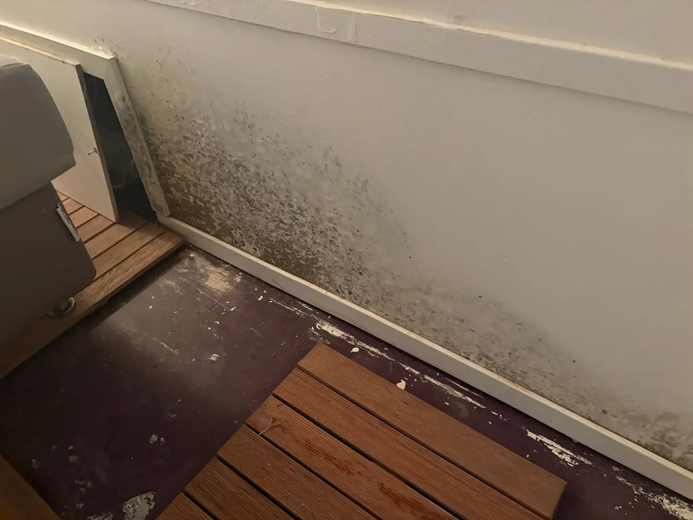Schimmel en vochtschade aan een wand in een woning in Amsterdam
